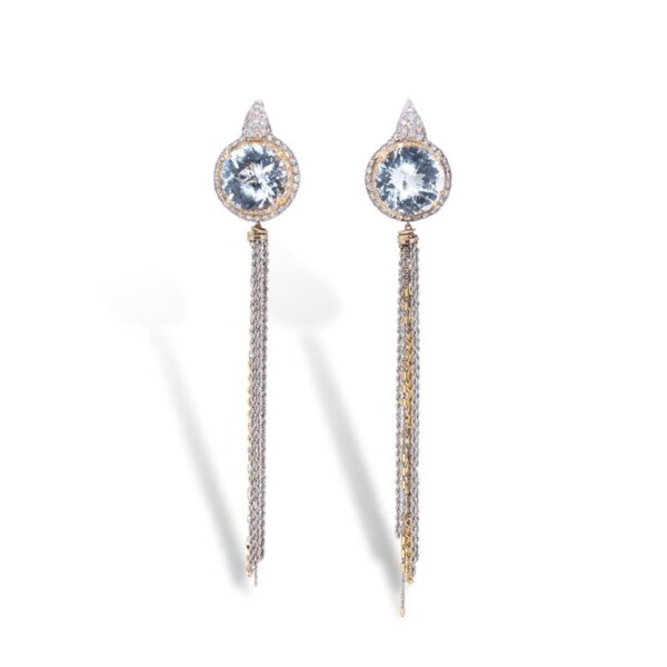 d’Avossa Earrings, 18Kt white and yellow gold with two Round White Natural briolé-cut Topazes on pavè of White Diamonds
