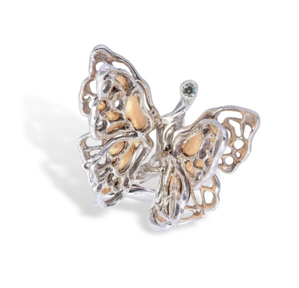 d'Avossa Butterfly Ring in Silver and Yellow Gold with Fancy Diamond