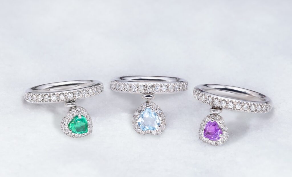 d'Avossa Heart Shape Ring with Emeralds, Pink Sapphire, Aquamarine, white Diamonds